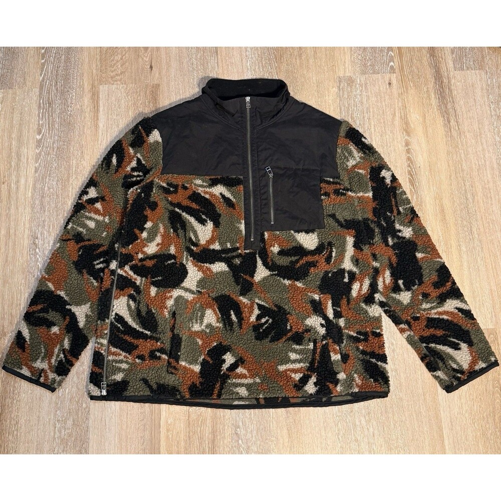 LL Bean Signature Fleece Pullover Size L High Pile 1/2 Zip Camo Black Green